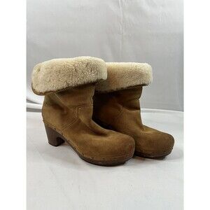 UGG Lynnea Fold Over Brown Leather Shearling Cuff Clog Boot 3204 Size 7